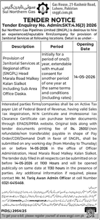 Provision of Janitorial Services at SNGPL Regional Office Marala Road Malkay Kalan Sialkot - SKT:A-16(1) 2026 - Sui Northern Gas Pipelines Limited
