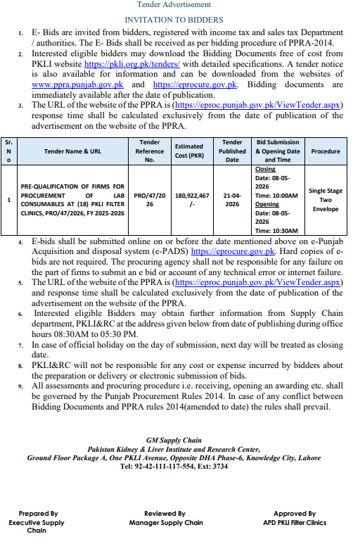 PRE-QUALIFICATION OF FIRMS FOR PROCUREMENT OF LAB CONSUMABLES AT (18) PKLI FILTER CLINICS, PRO/47/2026, FY 2025-2026
