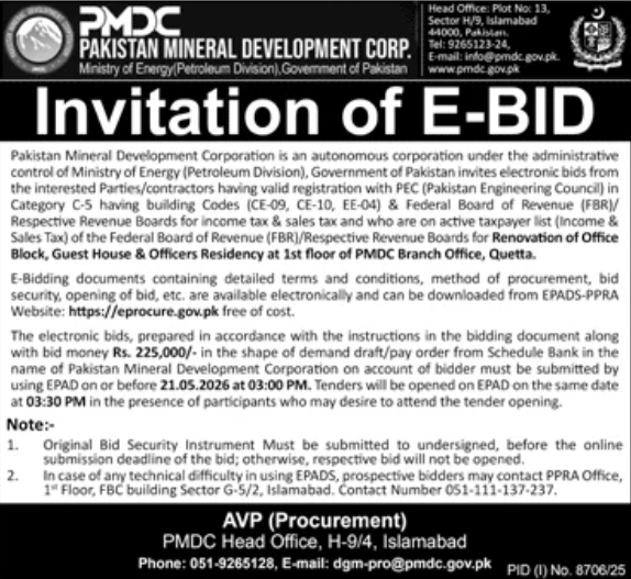 Renovation of Office Block, Guest House & Officers Residency at 1st floor PMDC Branch Office Quetta - Pakistan Mineral Development Corporation