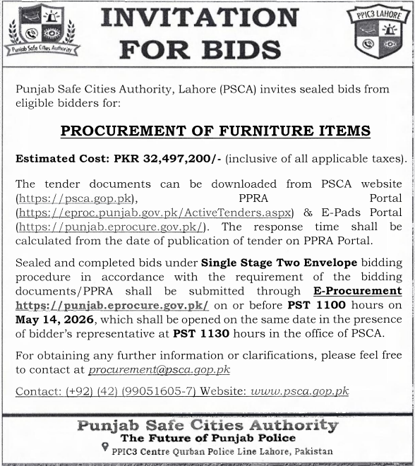 PROCUREMENT OF FURNITURE ITEMS - Punjab Safe Cities Authority, Lahore (PSCA)