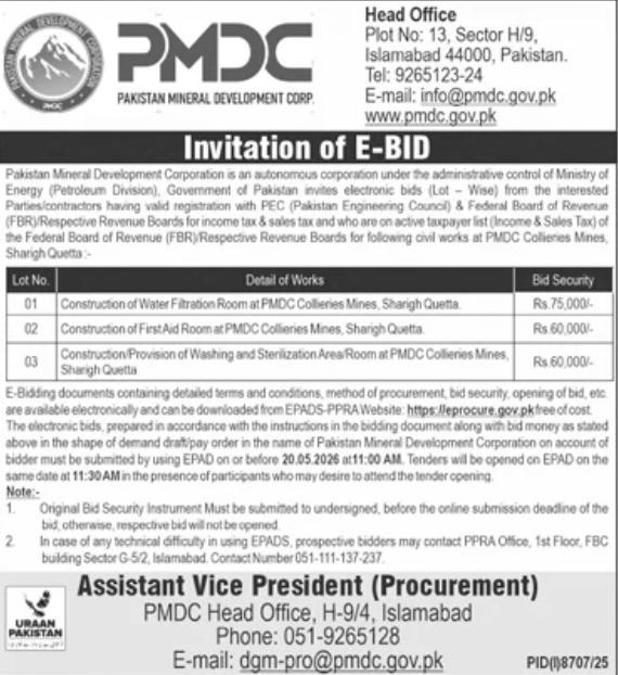 Construction Works at PMDC Collieries Mines Sharigh Quetta - 3 Lots - Pakistan Mineral Development Corporation