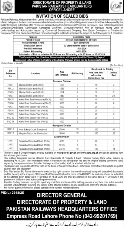 Commercial Leasing of 16 PR Sites - Peshawar, Rawalpindi & Lahore Divisions - Directorate of Property & Land, Pakistan Railways Headquarters Office