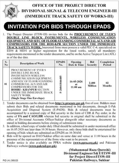 Procurement of Signal Instruments, Wireless Equipment & Commercial ACs for Rohri-KPR Section