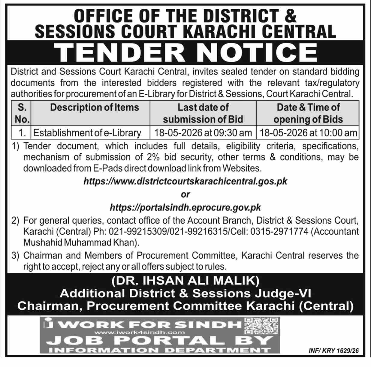 Establishment of E-Library for District & Sessions Court Karachi Central