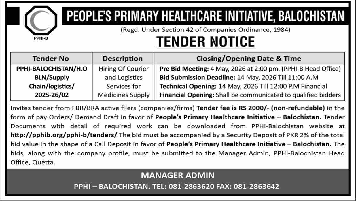 Hiring of Courier and Logistics Services for Medicines Supply - PPHI Balochistan - People's Primary Healthcare Initiative - Balochistan (PPHI-B)
