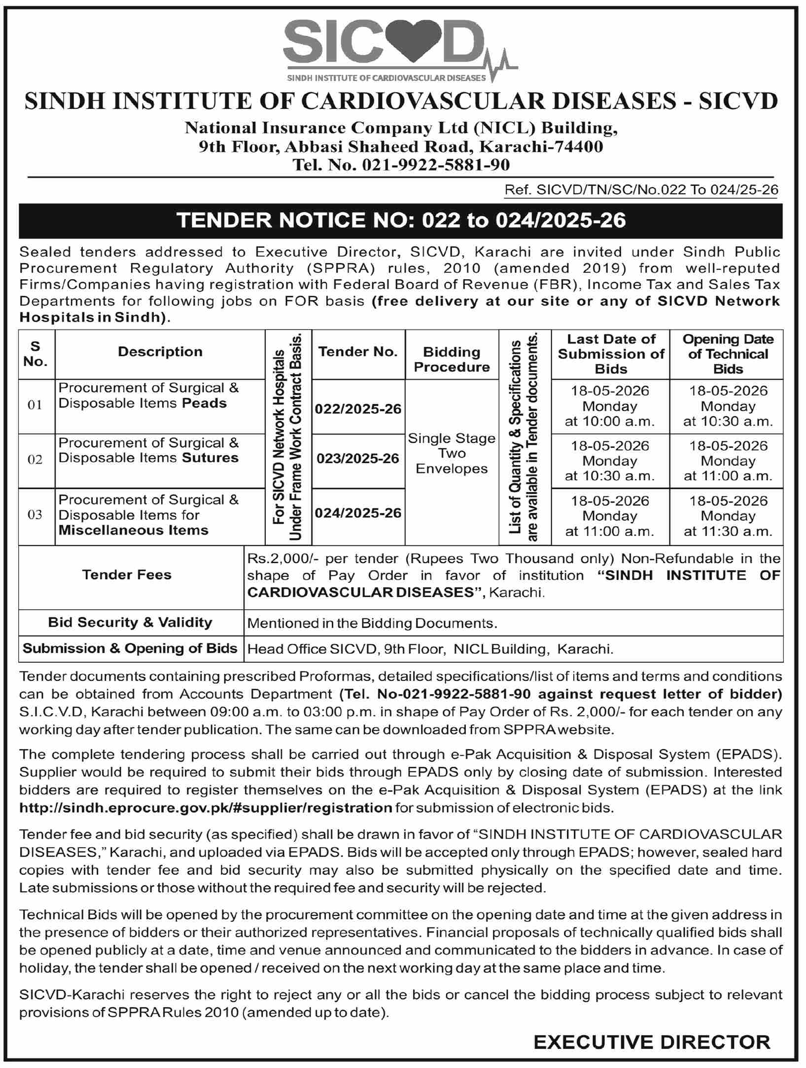 Procurement of Surgical & Disposable Items - SICVD Network Hospitals Sindh - 3 Tenders