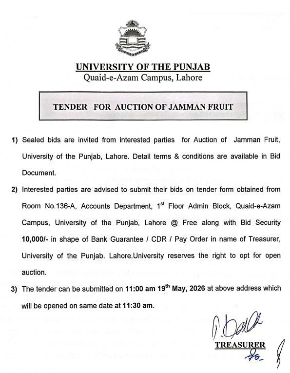 TENDER FOR AUCTION OF JAMMAN FRUIT - UNIVERSITY OF THE PUNJAB