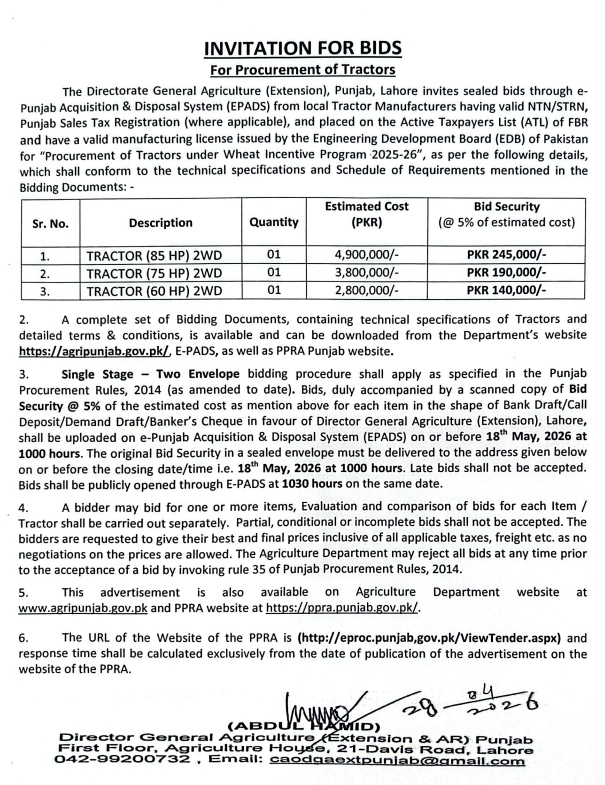 Invitation for Bids for Procurement of Tractors - Directorate General Agriculture (Extension), Punjab, Lahore