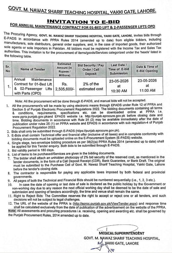 Annual Maintenance Contract for 01-Bed Lift & 2-Passenger Lifts OPD - Govt. M. Nawaz Sharif Teaching Hospital, Yakki Gate, Lahore