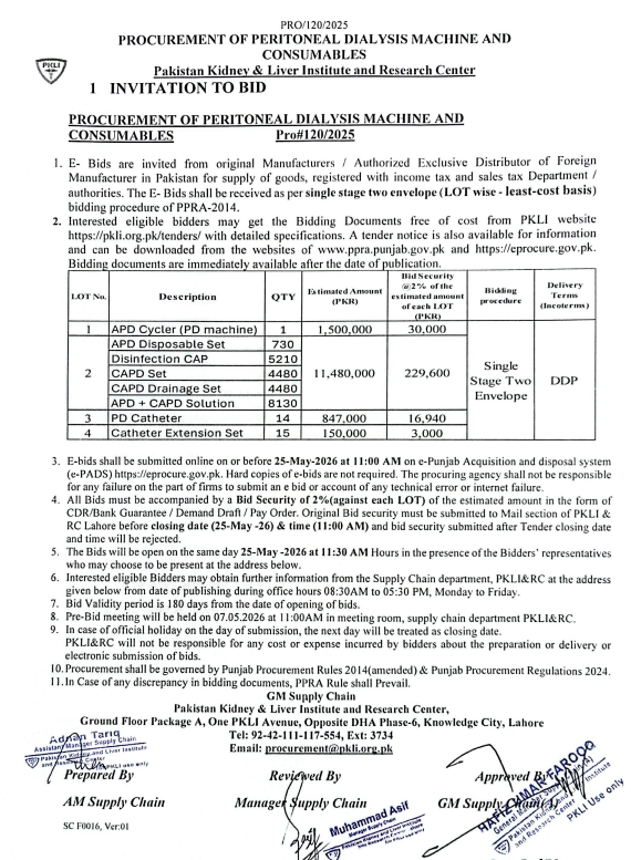 Supply, Installation & Commissioning of Fire Alarm System, Isolation Room Equipment, HVAC Equipment, Cold Store Equipment, and Other Specialized Medical and Technical Supplies - Pakistan Kidney & Liver Institute and Research Center (PKLI & RC) Rawalpindi