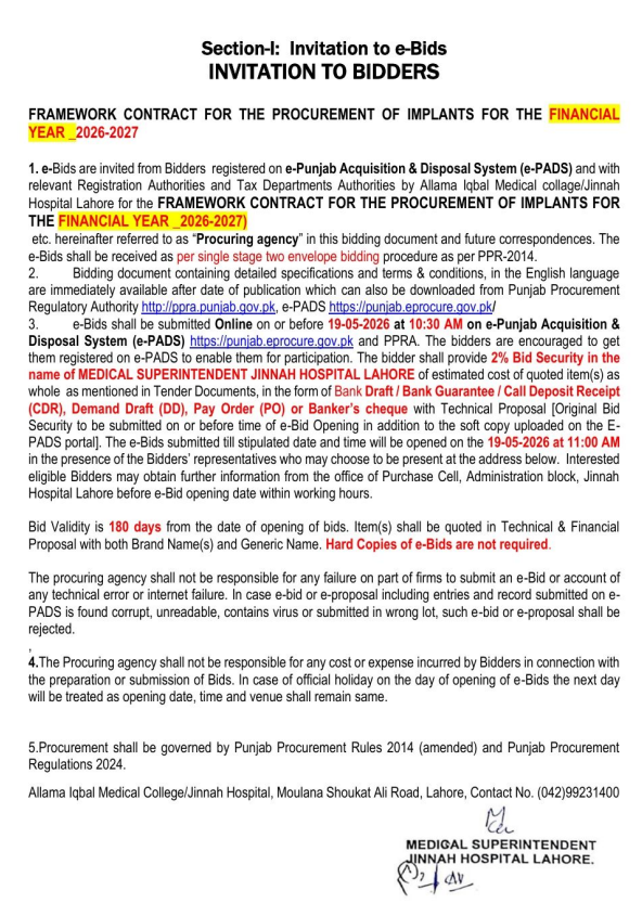 Framework Contract for the Procurement of Implants for the Financial Year 2026-2027 - Allama Iqbal Medical College / Jinnah Hospital Lahore