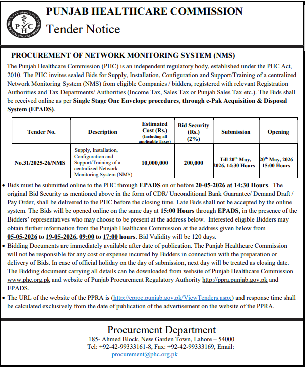 Procurement of Network Monitoring System (NMS) - Punjab Healthcare Commission (PHC)