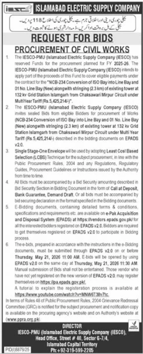 Procurement of Civil Works - NCB-234 Conversion of ISO Bay into Line Bay at 132 kv Grid Station Islamabad - Islamabad Electric Supply Company - IESCO