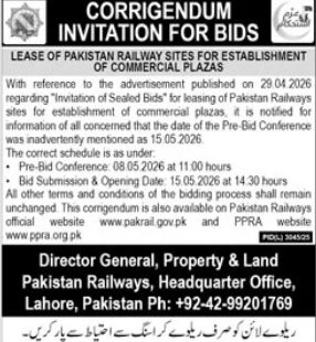Corrigendum - Lease of Pakistan Railway Sites for Establishment of Commercial Plazas - Pakistan Railways
