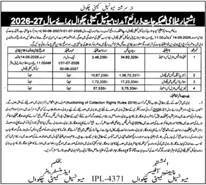 Auction of Collection Rights for Adda Fees & Others - Municipal Committee Chakwal 2026-27 - Municipal Committee Chakwal