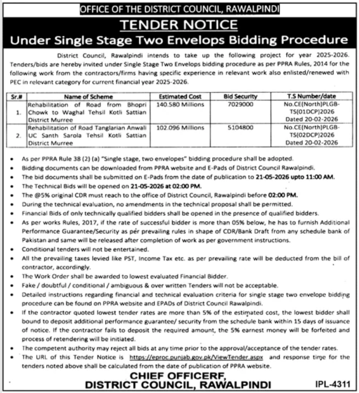 Rehabilitation of Roads Tehsil Kotli Sattian District Murree - District Council Rawalpindi - District Council Rawalpindi