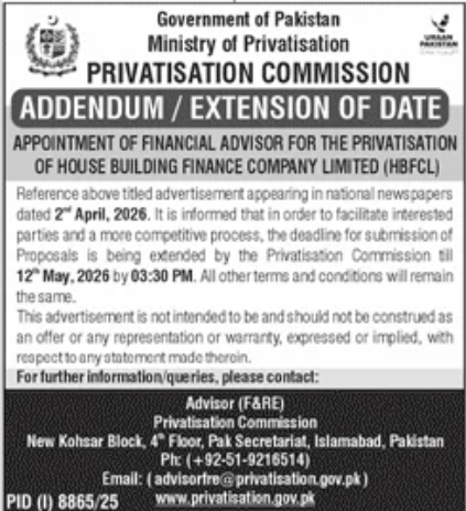 Addendum - Appointment of Financial Advisor for Privatisation of HBFCL - Deadline Extended - Privatisation Commission - Government of Pakistan