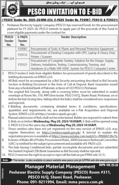 Procurement of Tools & Plants, IT Equipment & HVAC System - PESCO Peshawar - Peshawar Electric Supply Company - PESCO