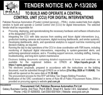 To Build and Operate a Central Control Unit (CCU) for Digital Interventions - PRAL - Pakistan Revenue Automation (Private) Limited - PRAL