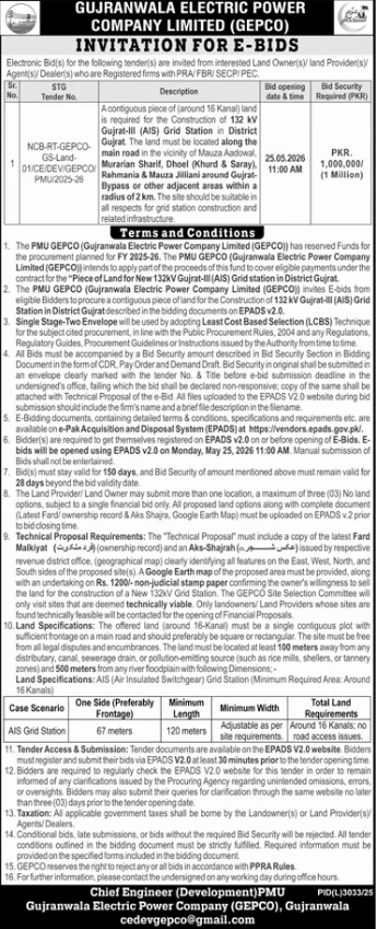 Procurement of Land for 132 kV Gujrat-III (AIS) Grid Station - GEPCO - Gujranwala Electric Power Company Limited - GEPCO