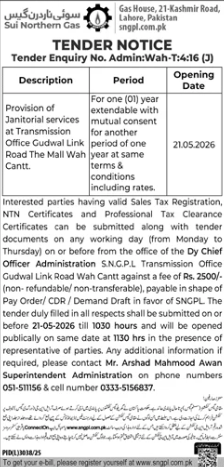 Provision of Janitorial Services at Transmission Office Gudwal Link Road The Mall Wah Cantt - Sui Northern Gas Pipelines Limited - SNGPL