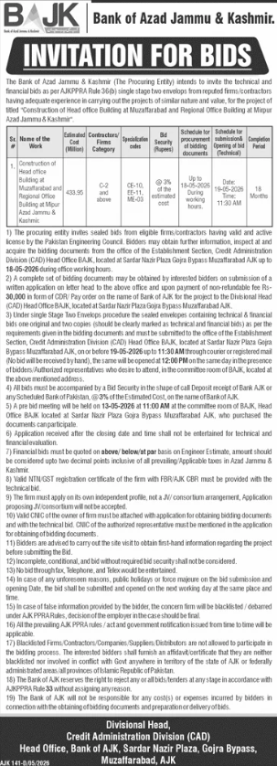 Construction of Head Office Building at Muzaffarabad & Regional Office Building at Mirpur - Bank of AJK - Bank of Azad Jammu & Kashmir