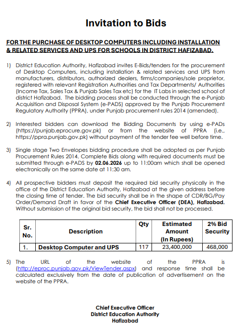 FOR THE PURCHASE OF DESKTOP COMPUTERS INCLUDING INSTALLATION & RELATED SERVICES AND UPS FOR SCHOOLS IN DISTRICT HAFIZABAD. - District Education Authority, Hafizabad.