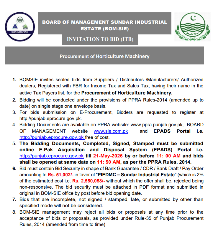 Procurement of Horticulture Machinery - Board of Management Sundar Industrial Estate (BOM-SIE)