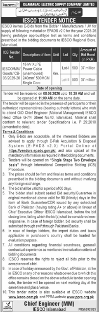Supply of 16 KV XLPE Power Cable 500MCM 2 Sets - IESCO Islamabad - Islamabad Electric Supply Company - IESCO