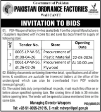 Procurement of Plastic Material & Plywood - Pakistan Ordnance Factories Wah Cantt - Pakistan Ordnance Factories - POF Wah Cantt