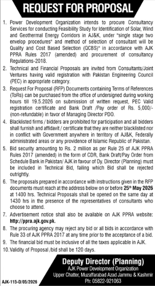 Consultancy Services for Feasibility Study - Solar, Wind & Geothermal Energy Corridors in AJ&K - AJK Power Development Organization