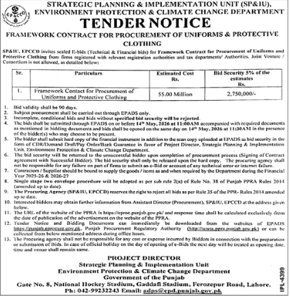 Framework Contract for Procurement of Uniforms & Protective Clothing - SP&IU Punjab - Strategic Planning & Implementation Unit - Environment Protection & Climate Change Department