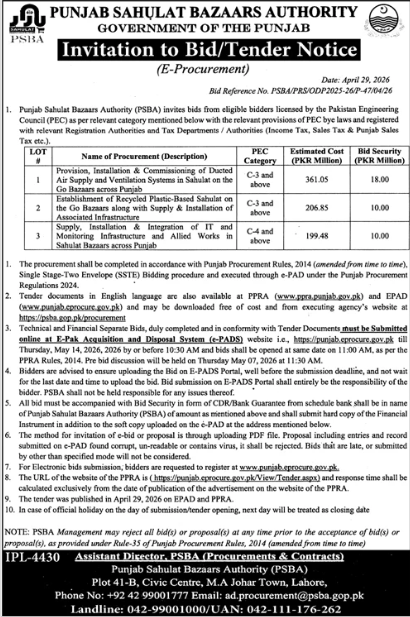 Air Supply & Ventilation, Recycled Plastic Bazaars & IT Infrastructure - Punjab Sahulat Bazaars Authority - Punjab Sahulat Bazaars Authority - PSBA