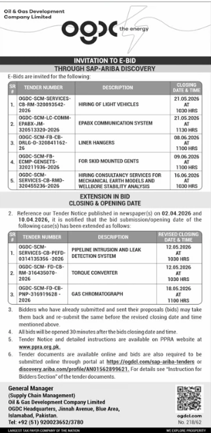 OGDCL Multiple E-Bids - Light Vehicles, Communication System, Liner Hangers, Mounted Gents, Consultancy Services & Extension Items - Oil & Gas Development Company Limited - OGDCL