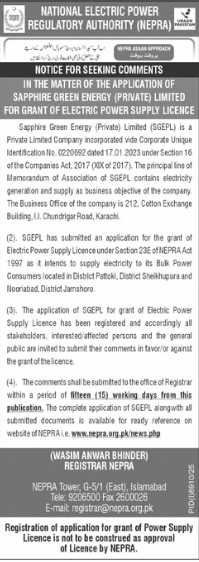 NEPRA Notice for Comments - Grant of Electric Power Supply Licence to Sapphire Green Energy - National Electric Power Regulatory Authority - NEPRA
