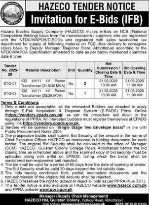 Supply of 132 kV/11 kV Power Transformers 31.5/40 MVA & 20/26 MVA - HAZECO Abbottabad - Hazara Electric Supply Company - HAZECO