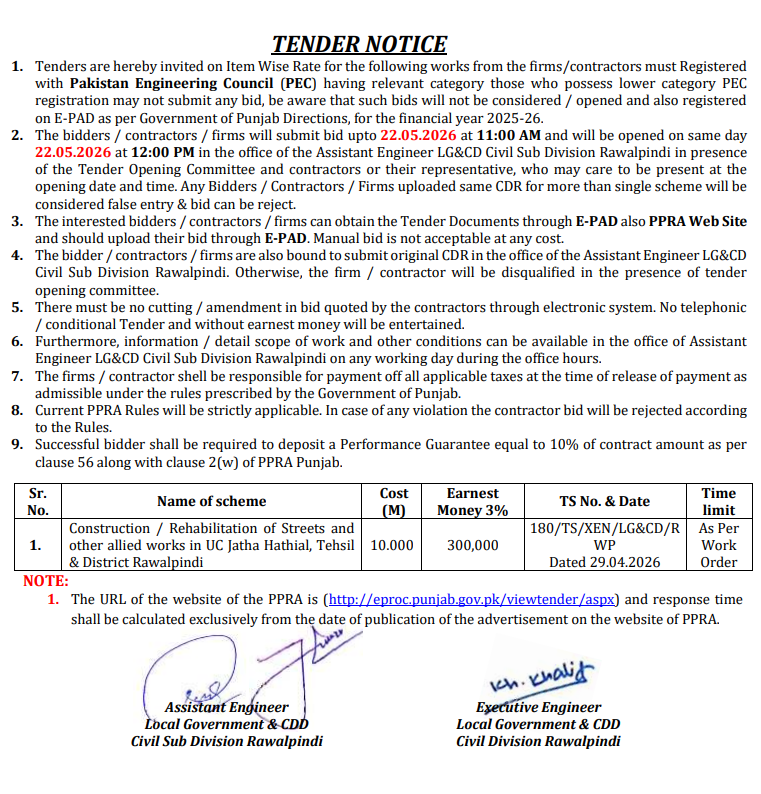 Construction / Rehabilitation of Streets and Allied Works in UC Jatha Hathial, Tehsil & District Rawalpindi - Local Government & Community Development Department - Rawalpindi