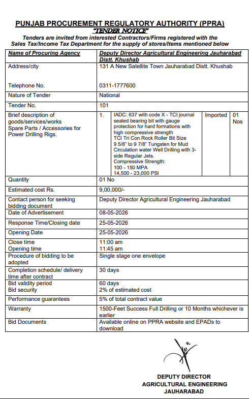Spare Parts / Accessories for Power Drilling Rigs - Deputy Director Agricultural Engineering Jauharabad