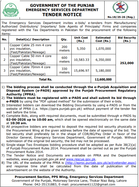 Procurement of Copper Cables 25mm, 50mm & 70mm 4 Core PVC Insulation - Emergency Services Department Punjab - Government of the Punjab Emergency Services Department