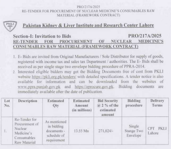Re-Tender for Procurement of Nuclear Medicine's Consumables Raw Material - PKLI Lahore