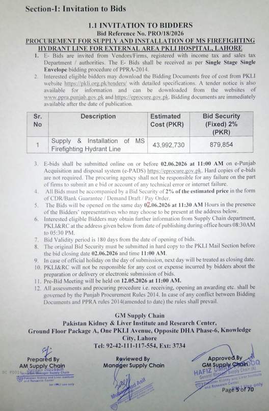 Supply & Installation of MS Firefighting Hydrant Line for External Area PKLI Hospital Lahore - Pakistan Kidney & Liver Institute and Research Center - PKLI