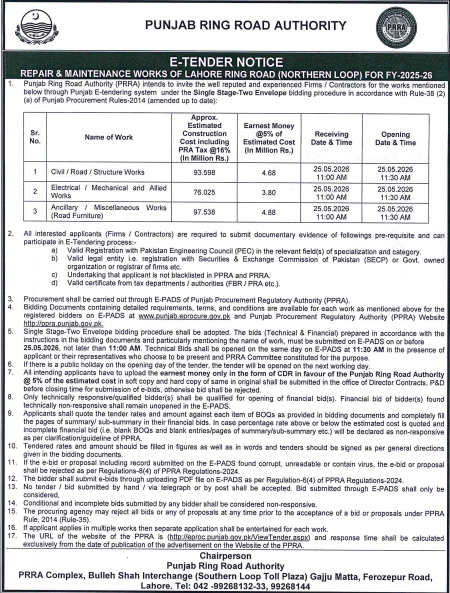 Repair & Maintenance Work of Lahore Ring Road Northern Loop FY 2025-26 - 3 Works - PRRA - Punjab Ring Road Authority - PRRA