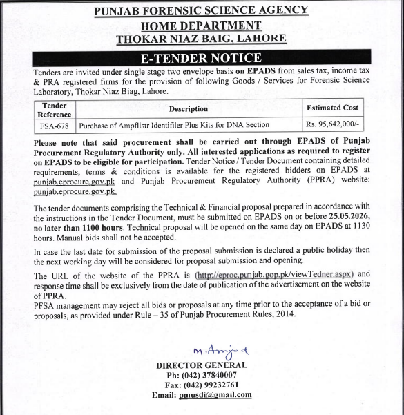 Purchase of Amplistr Identifier Plus Kits for DNA Section - Punjab Forensic Science Agency Lahore - Punjab Forensic Science Agency - PFSA