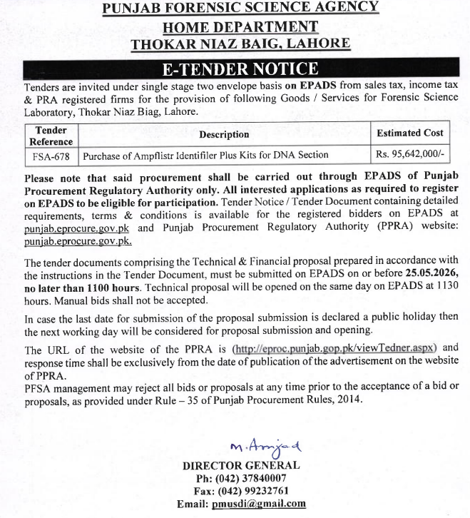 Purchase of Amplistr Identifier Plus Kits for DNA Section - Punjab Forensic Science Agency Lahore - Punjab Forensic Science Agency - PFSA