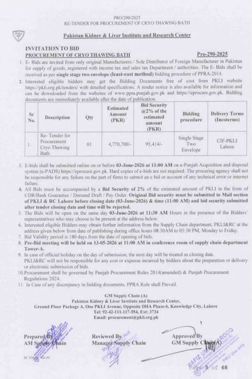 Re-Tender for Procurement of Cryo Thawing Bath - PKLI Lahore - Pakistan Kidney & Liver Institute and Research Center - PKLI