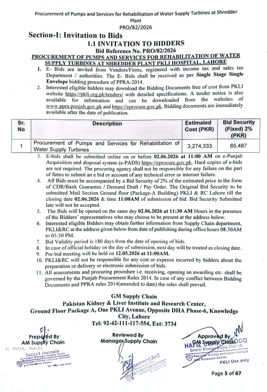 Procurement of Pumps and Services for Rehabilitation of Water Supply Turbines at Shredder Plant PKLI Hospital Lahore - Pakistan Kidney & Liver Institute and Research Center - PKLI