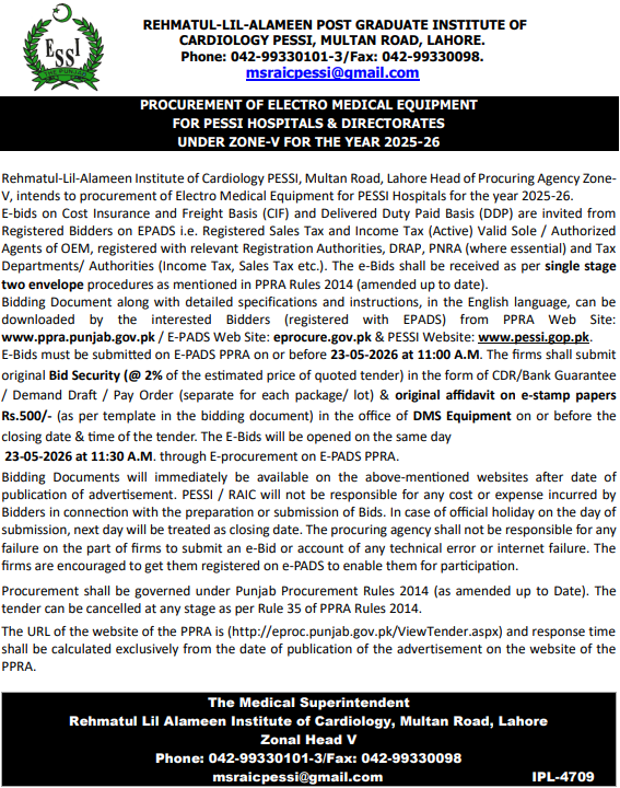 Procurement of Electro Medical Equipment for PESSI Hospitals & Directorates Under Zone-V for Year 2025-26 - Rehmatul-Lil-Alameen Institute of Cardiology - PESSI