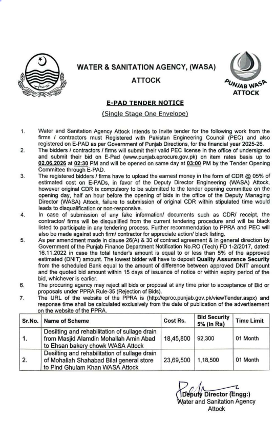 Desilting and Rehabilitation of Sullage Drain - 2 Schemes - WASA Attock