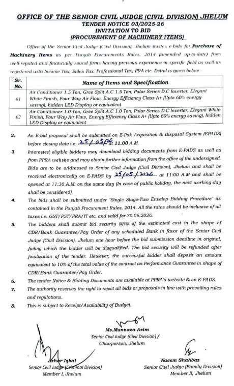 Procurement of Machinery Items - Air Conditioners 1.5 Ton & 1.0 Ton Gree Split AC - Senior Civil Judge Jhelum - Office of the Senior Civil Judge (Civil Division) Jhelum