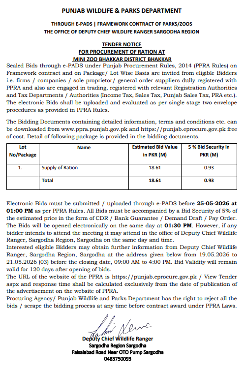 Framework Contract for Procurement of Ration at Mini Zoo Bhakkar - Punjab Wildlife & Parks Department - Punjab Wildlife & Parks Department
